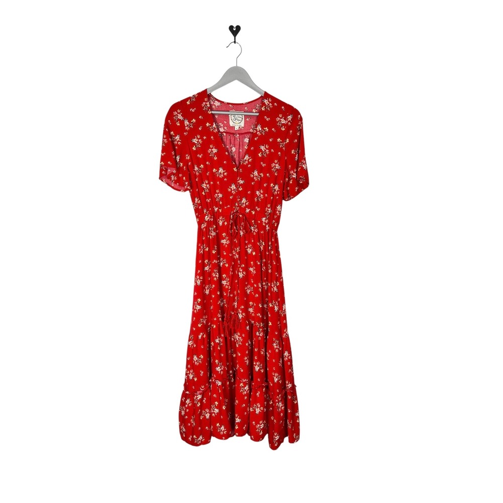 Sunday Mi Amor Red Floral Midi Dress V-Neck Flutter Sleeve Tiered Boho Small
